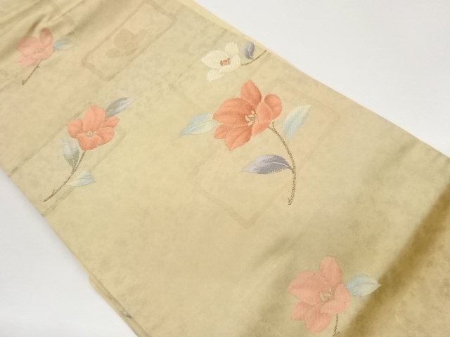 引箔色紙に花・枝葉模様織出し名古屋帯